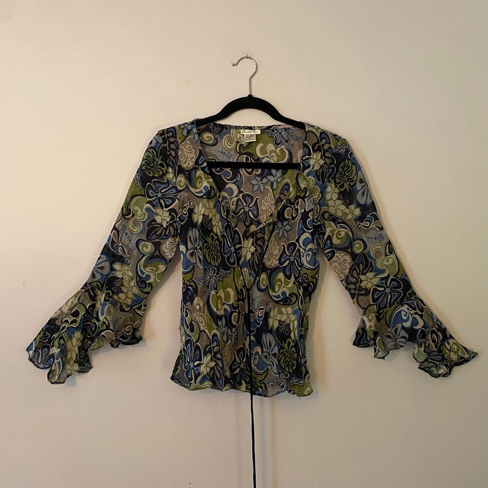 Vintage Charlotte Russe Blue Green Y2K Sheer Blouse Ruffle Rayon Women's Medium